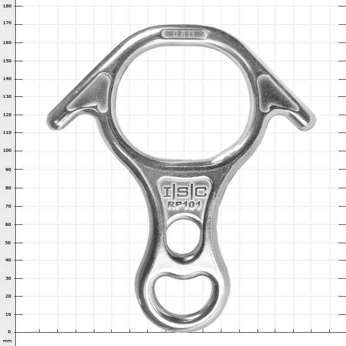 Rescue-8 Original Steel, a silver steel figure eight with two side protrusions and two openings, on a checkered background