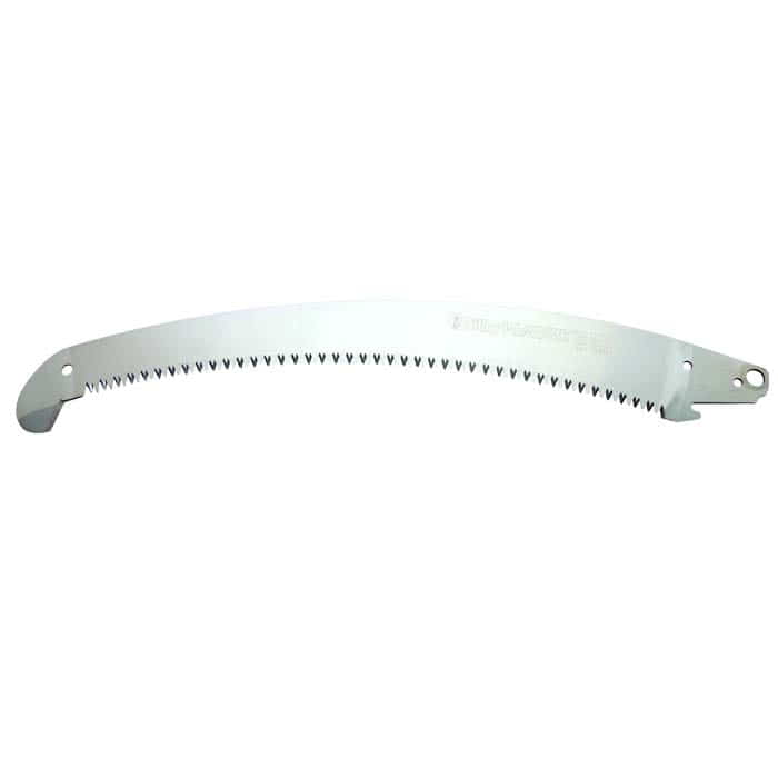 Hayate saw blade, curved metal blade with teeth and mounting holes at both ends