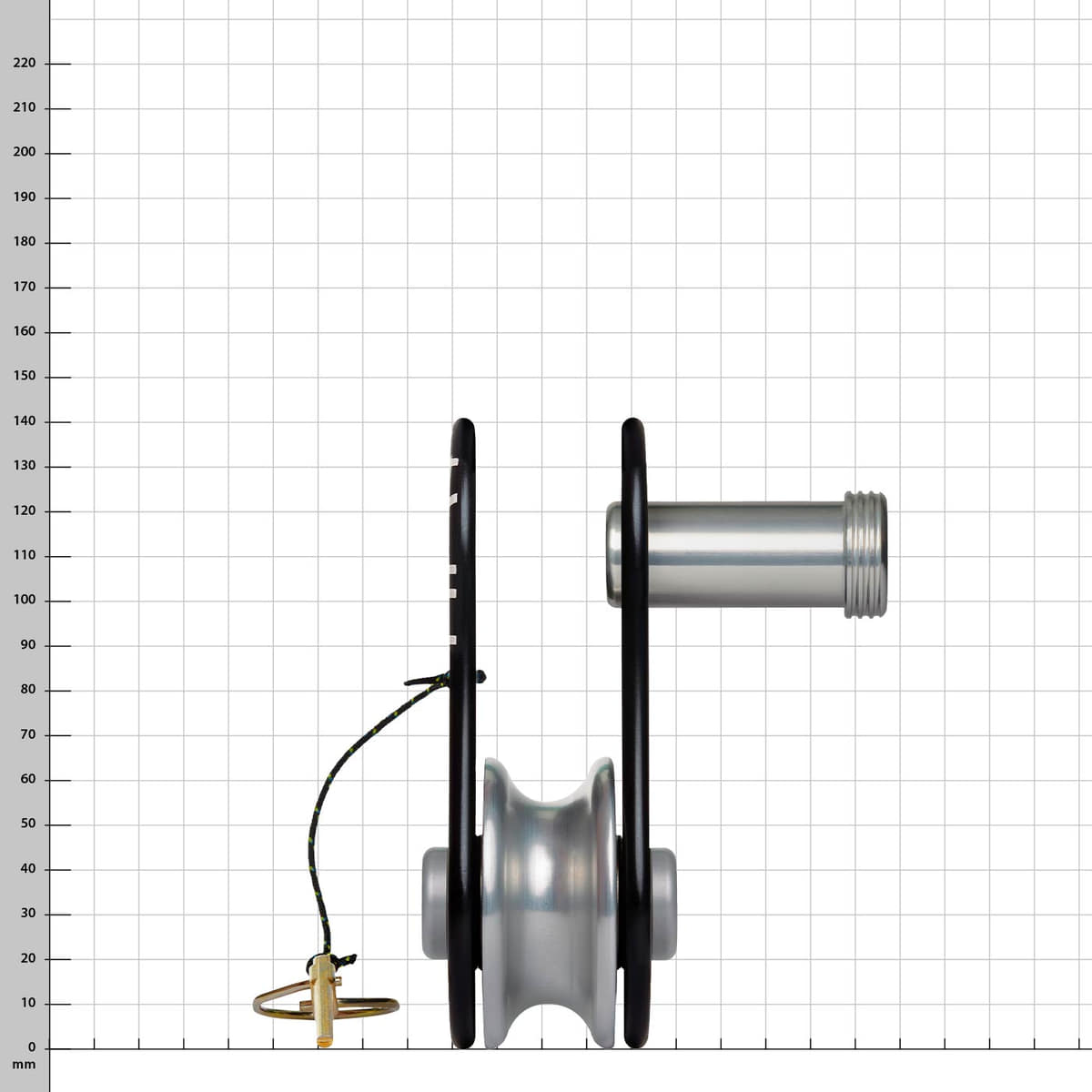 Mini-Eclipse 2 Alu, black pulley with metal roller, side view with threaded bolt and safety loop
