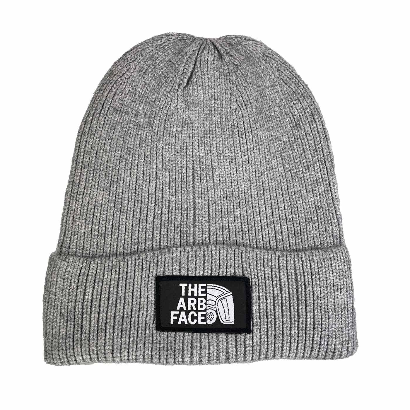 Gray Arbface Beanie Hat with Black Logo Patch Front in Closeup