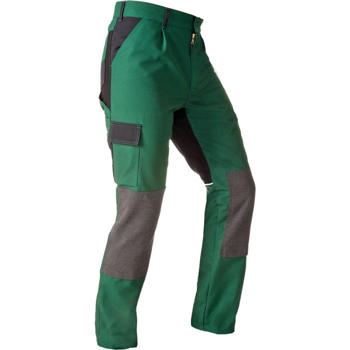 StretchZone canvas pants green with black and grey reinforcements, cargo pocket on the side and zipper on the front