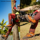 Two photos show a person wearing orange shoes and red pants wearing Reecoil's Foot Loop 1 on their feet, one shot climbing a tree, the other shot shows the Foot Loop 1 attached to the foot with a snap hook.