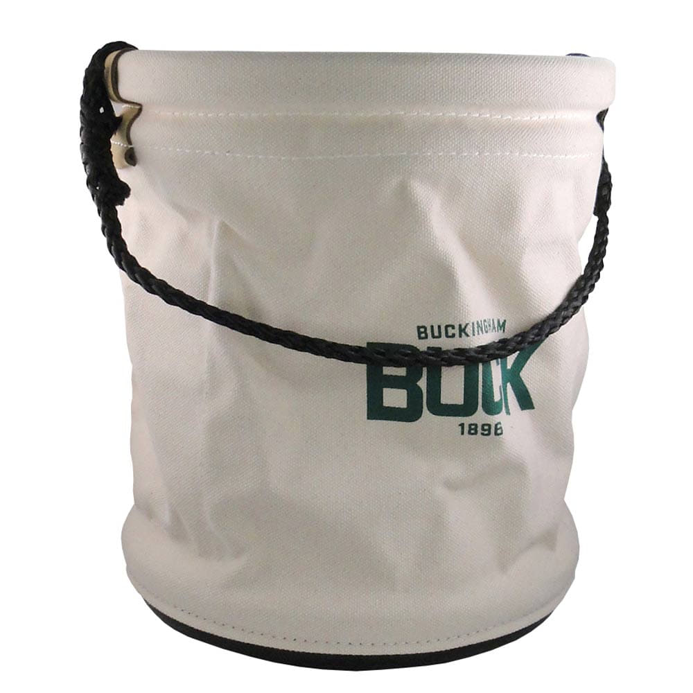 Material Bucket, white fabric container with black handle and green lettering "BUCKINGHAM 1896"