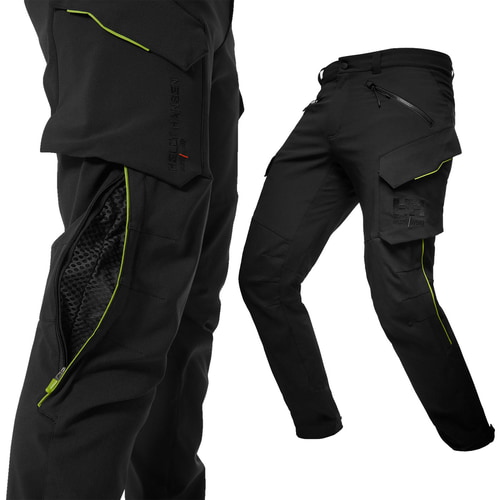 Magni Evolution cargo trousers, detail of the black work trousers with zip and green piping on the side