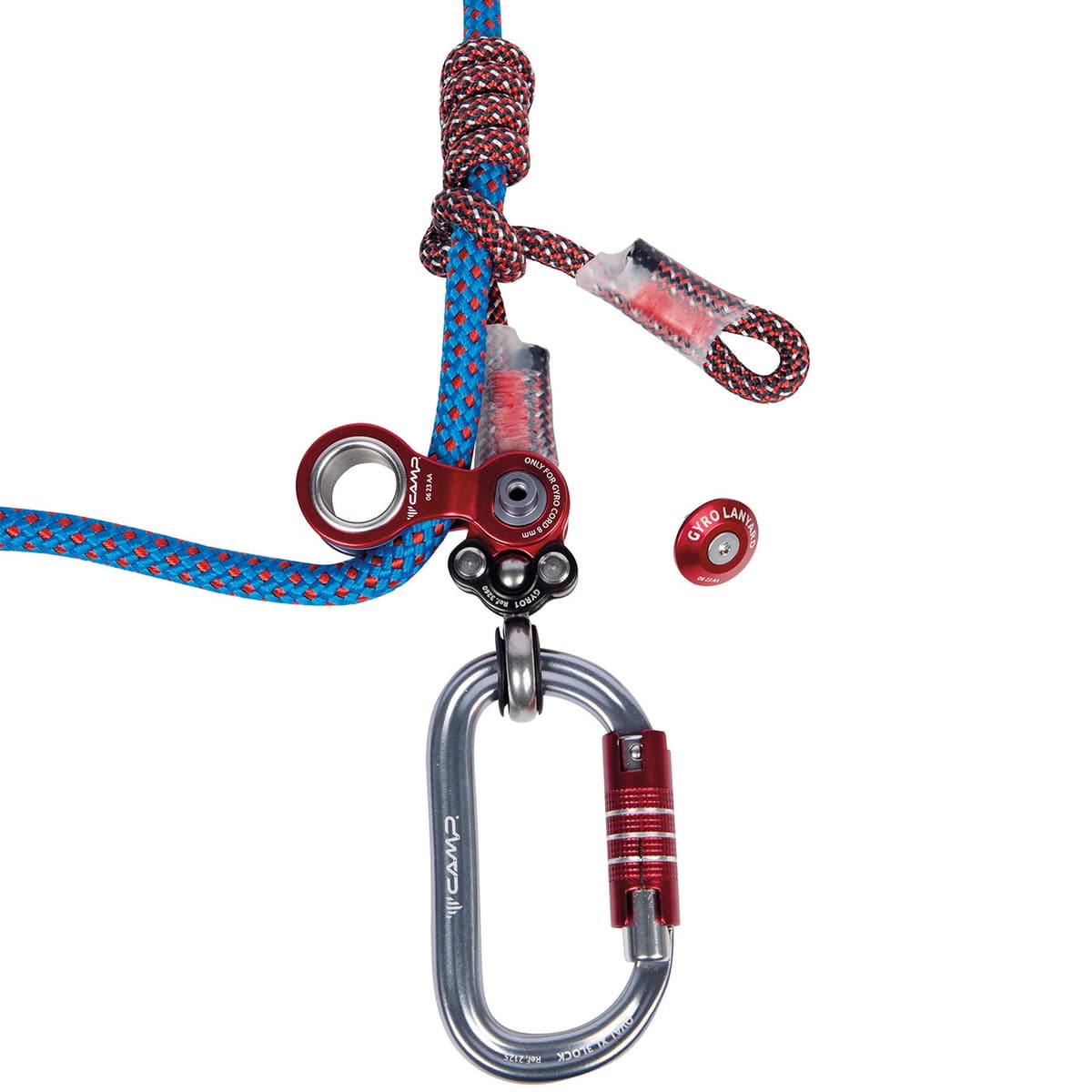 Gyro Lanyard Single, Close-up of Red Metal Parts with Carabiner and Rope in Blue-Red