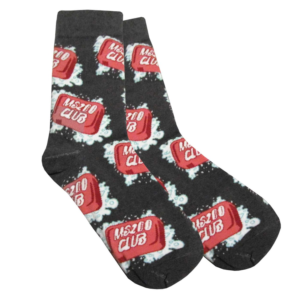 MS200 Club socks in dark grey with repeated red logo "MS200 CLUB" and white foam pattern on them