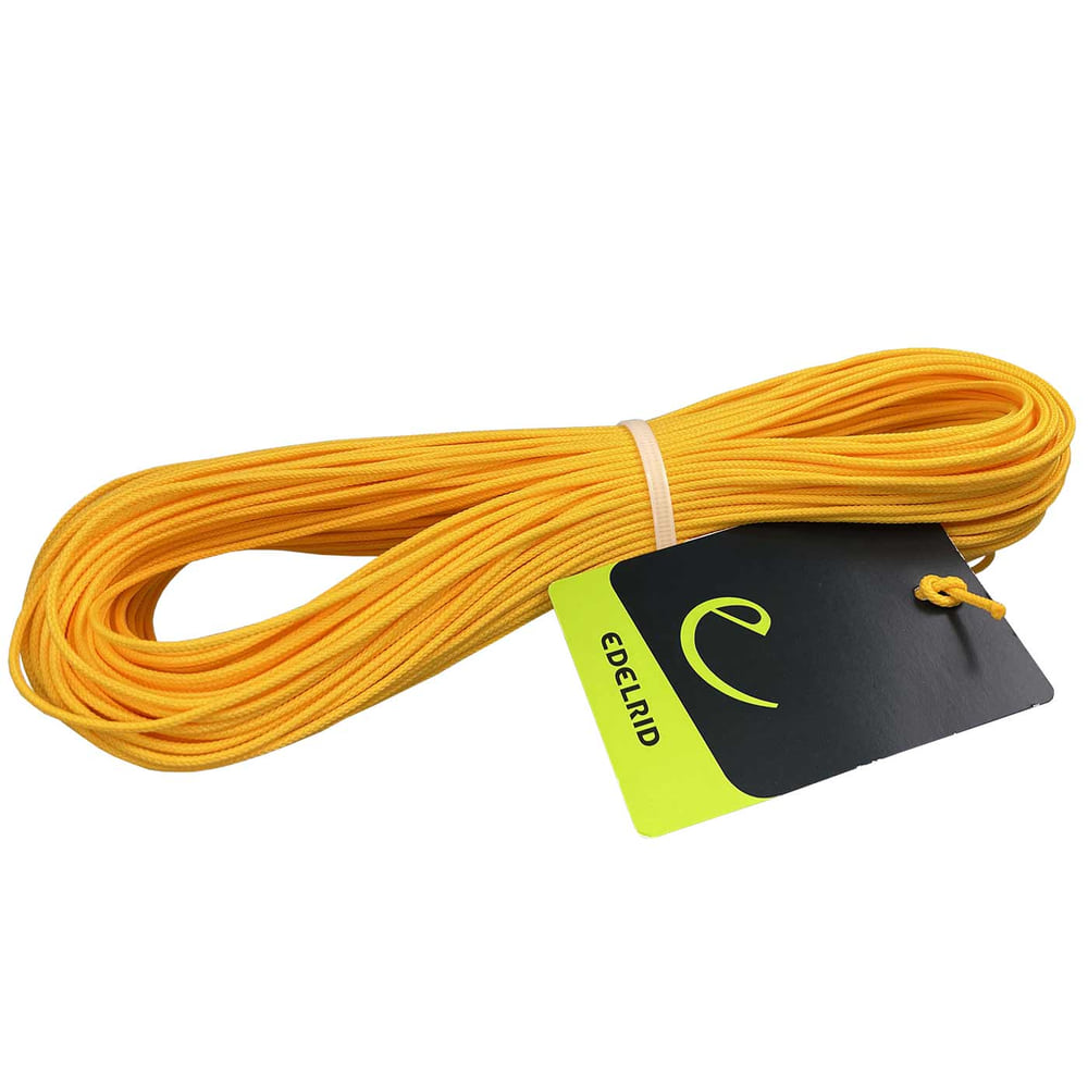 Yellow rope from Edelrid with label, rolled up and fixed with white elastic band