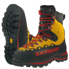 Zugspitze Extreme mountain boots in yellow and black with red laces, treaded sole and "EXTREME" lettering in red on the side