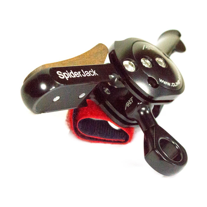 SpiderJack 2.1 Basic by ART, black mechanical device with wooden handle, red Velcro strap and inscription SpiderJack from an oblique perspective