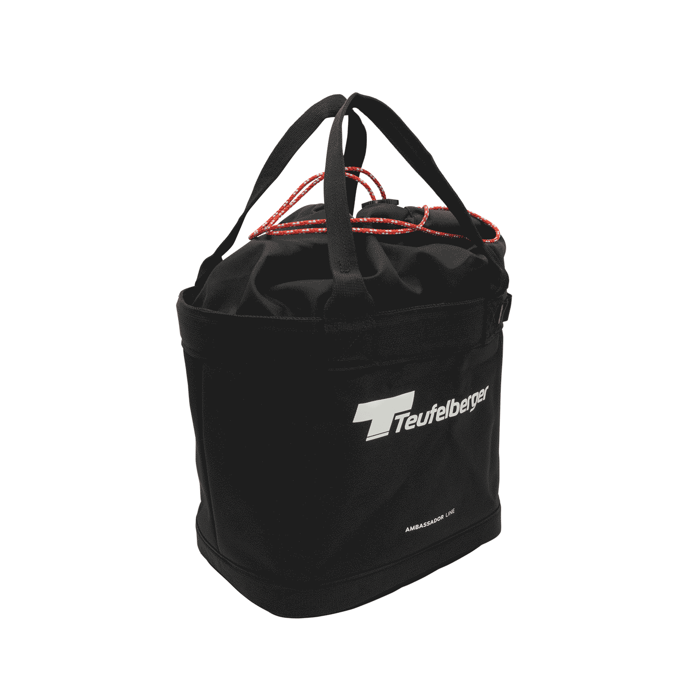 Bucket Mule by Teufelberger, black round bag with two black handles and red cord closure, front with white Teufelberger logo and lettering "AMBASSADOR LINE"