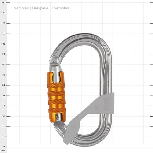 OK Triact, carabiner with silver body, orange screw cap and grey plastic lever