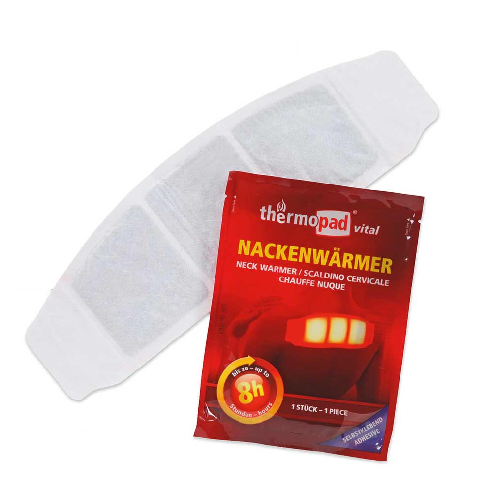 Neck warmer from thermopad vital in red packaging with yellow lettering and white, elongated heat patch with adhesive surfaces at the ends