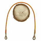Flex Fly, a yellow and red flexible rope with metal eyelets at both ends, lies over a round wooden disc