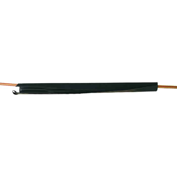 Black protector from unknown, elongated and wrapped around an orange-yellow cord.