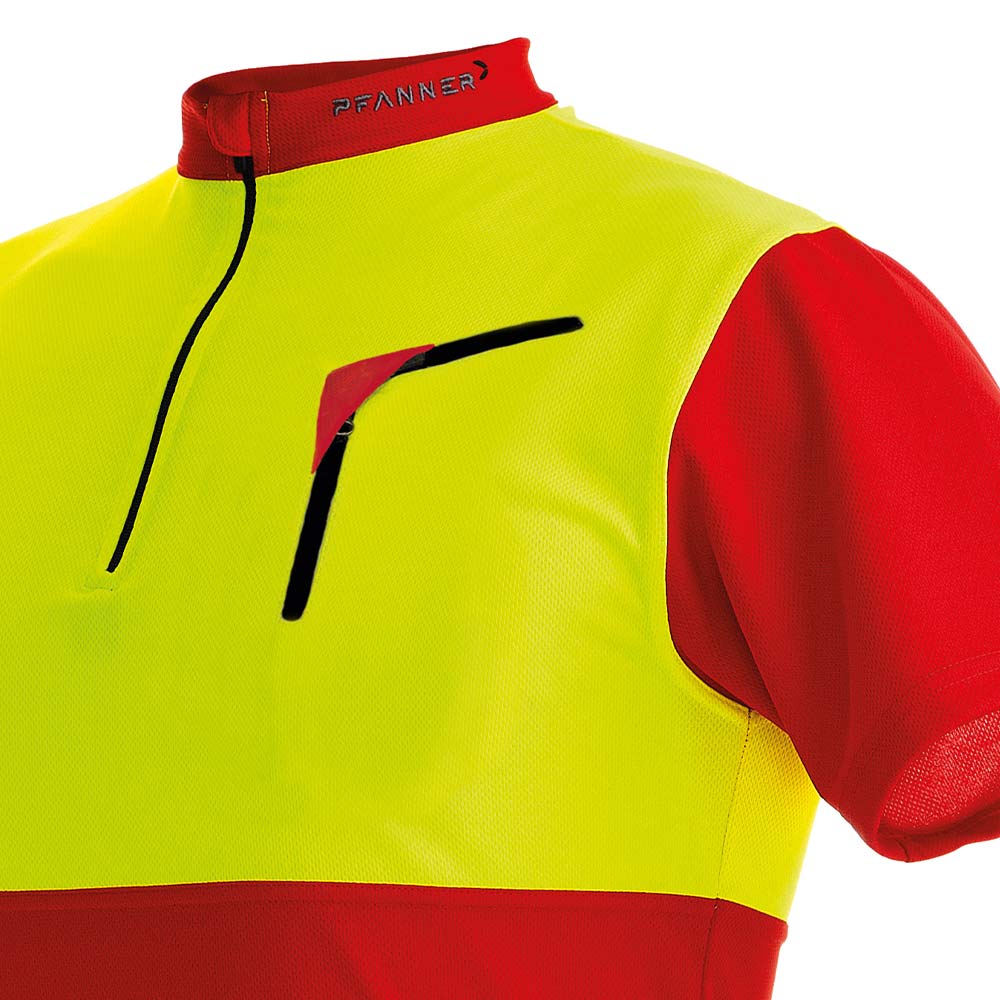 Close-up of the zip-neck shirt in red and yellow with zipper and breast pocket, manufacturer's name Pfanner visible on the collar