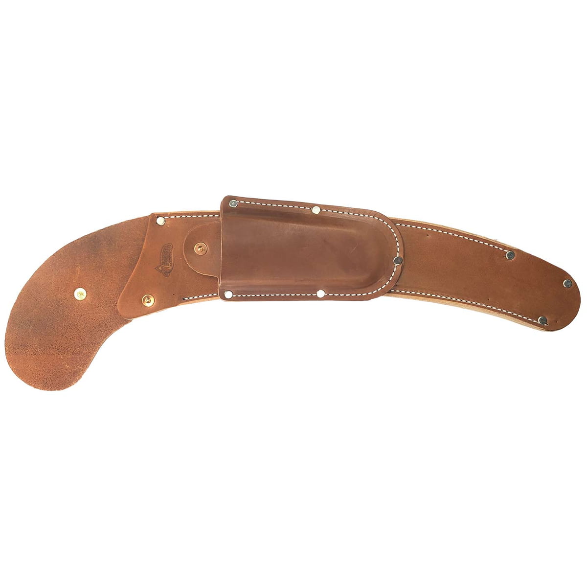 KR/S leather holster in brown leather with white stitching and metal rivets, laid flat