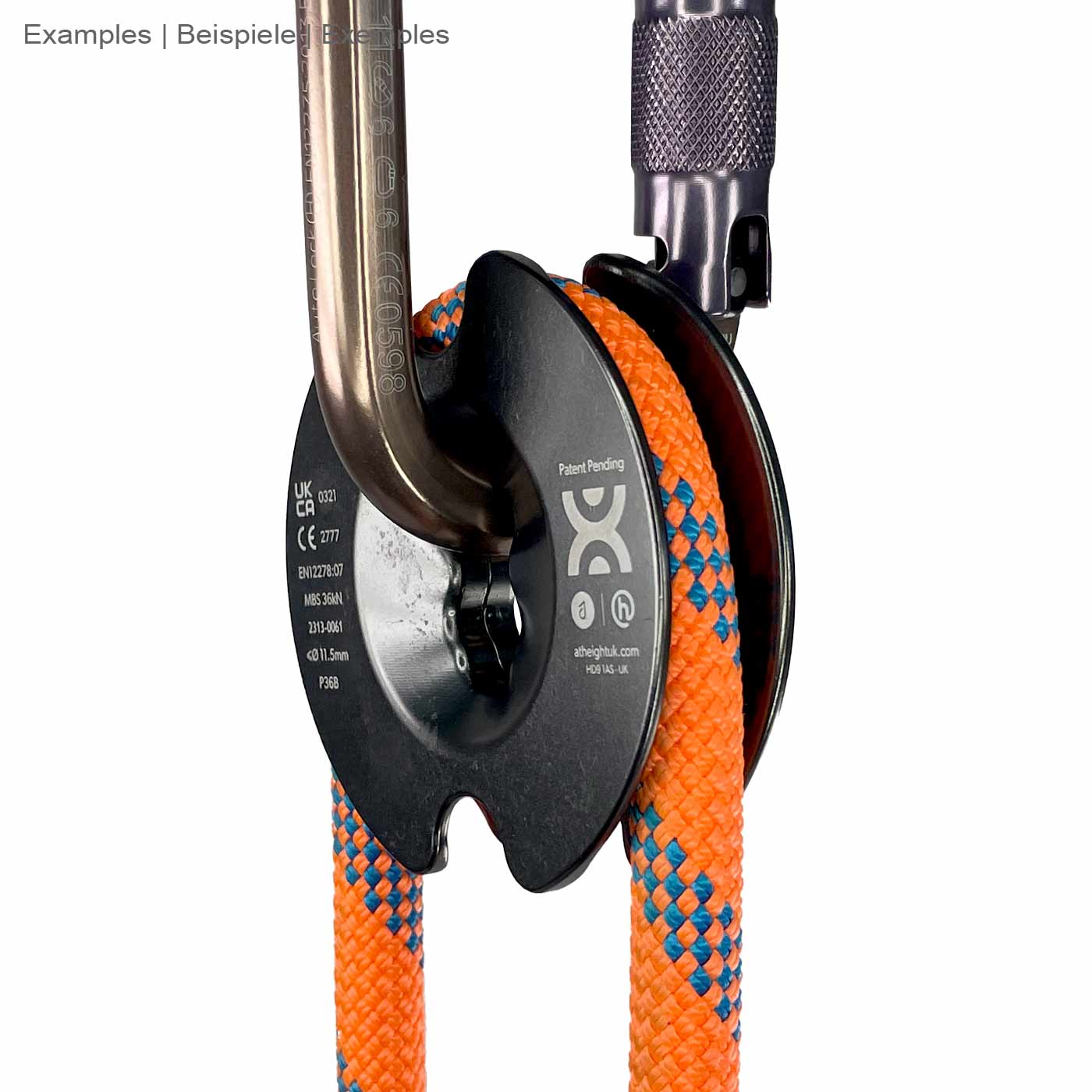 PulleyOne Pro black sheave with orange-blue rope and snap hook