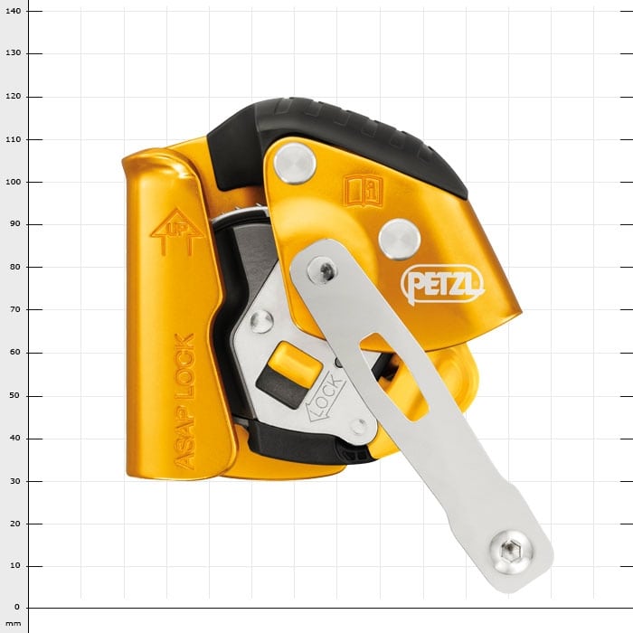 ASAP Lock by Petzl, yellow and black belay device with metal lever and lettering