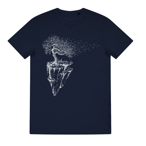 Iceland T-shirt in dark blue with white print of a tree on a floating rocky island
