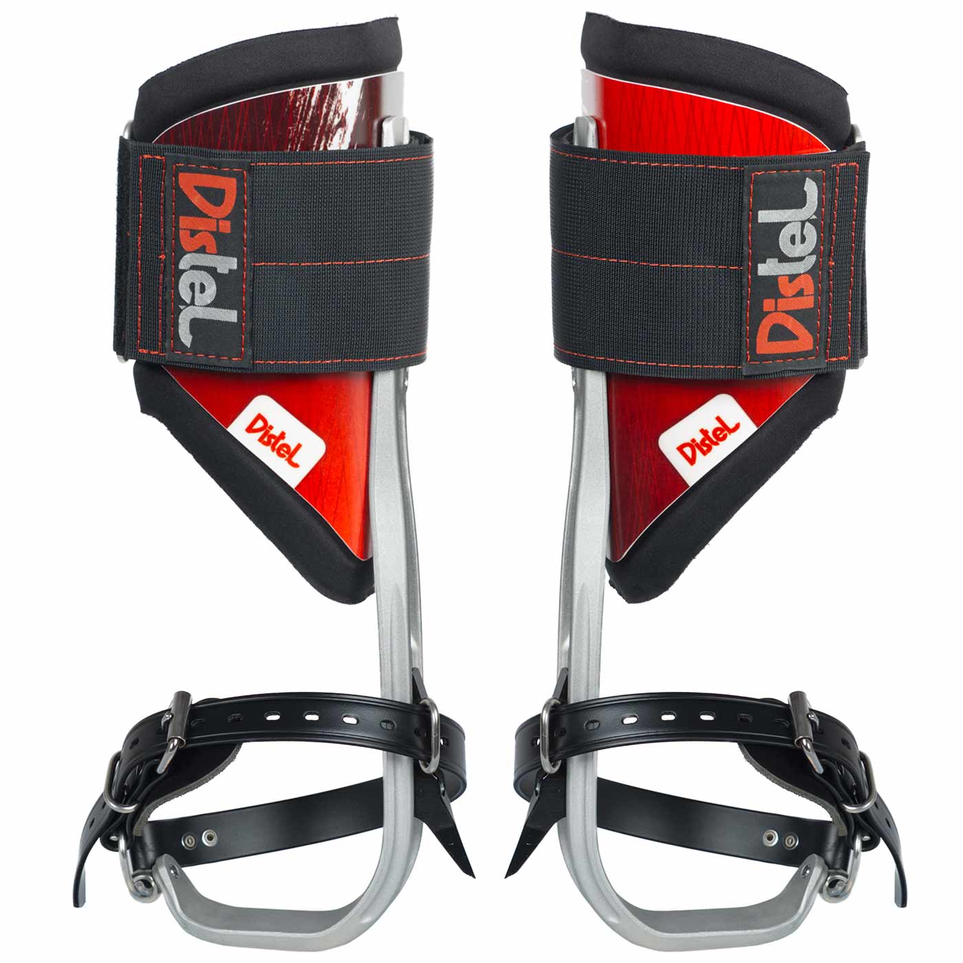 Distel Alu 3.1 Classic by Distel, two red and silver via ferrata spurs with black straps and Velcro fastener