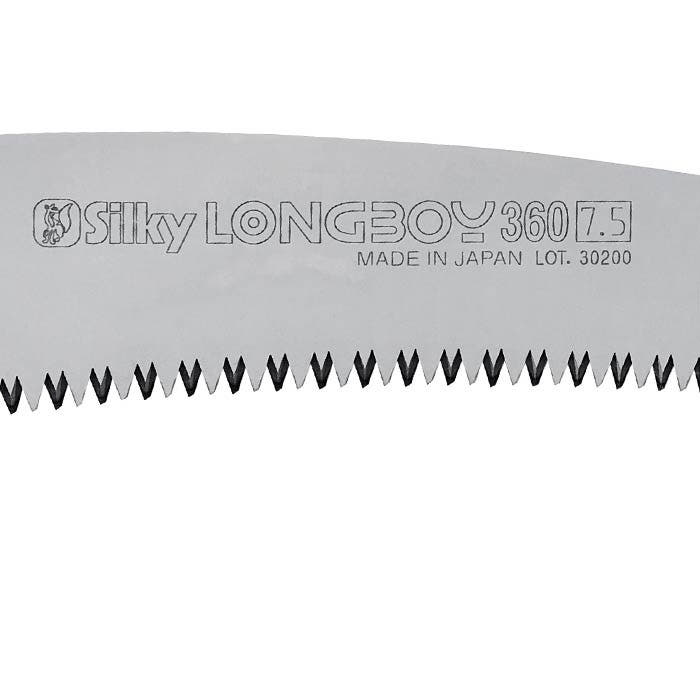 Close-up of the silver Longboy saw blade with the inscription "Silky LONGBOY 360 7.5 MADE IN JAPAN LOT. 30200" and visible teeth