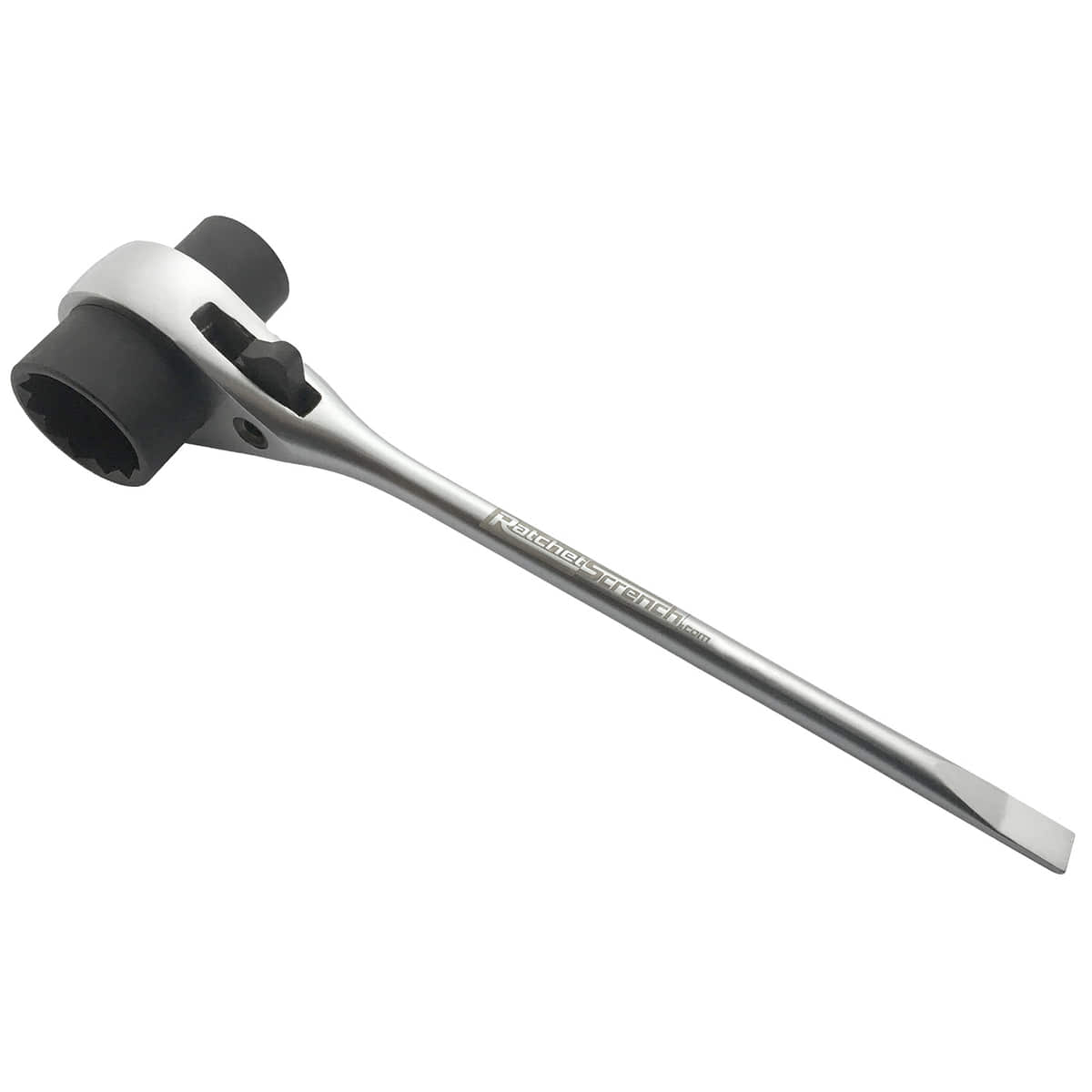 RatchetScrench, a silver ratchet wrench with a black cylindrical head and flat screwdriver end, with RatchetScrench lettering on the handle