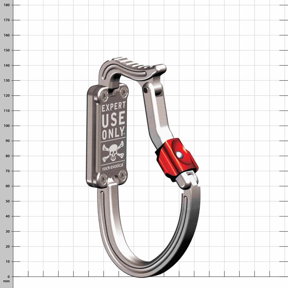 Carabiner with "EXPERT USE ONLY" print and skull, silver-coloured with red clasp, product name transPorter XL