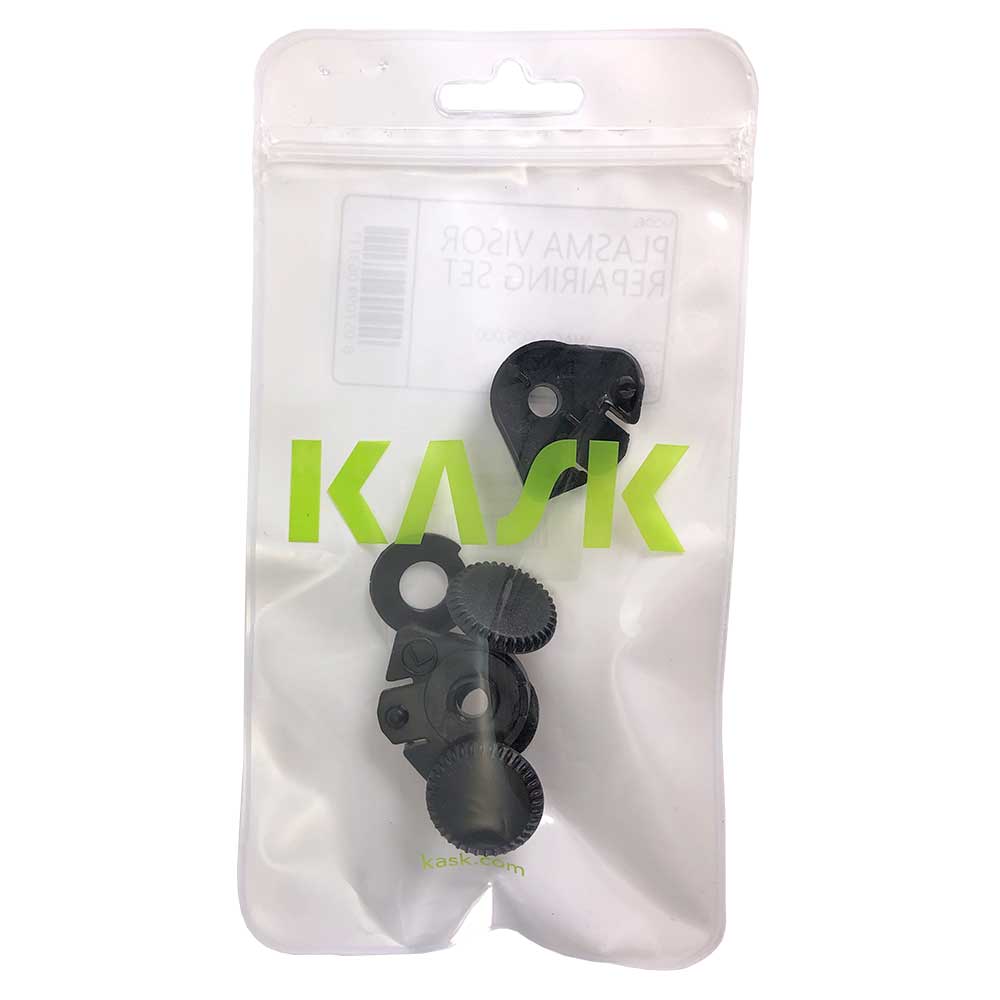 Kask visor mounting set in transparent resealable plastic packaging with green Kask logo and several black plastic parts visible inside.