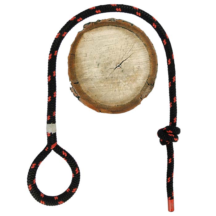 SpliceAnchor black rope with red dots, formed in a loop, lies next to a round piece of wooden disc