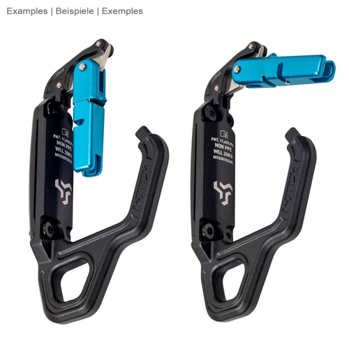 Two swinger snap hooks side by side, one with closed blue clasp and one with open clasp, black body