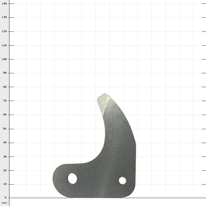 Helium anvil blade, a small metallic blade with two mounting holes and a sharp, curved cutting edge