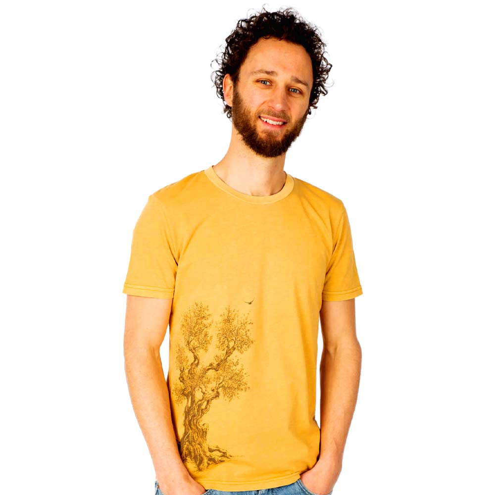 Olive Tree T-shirt, yellow T-shirt with round neck, printed with a brown olive tree, worn by a man with a beard and curly hair