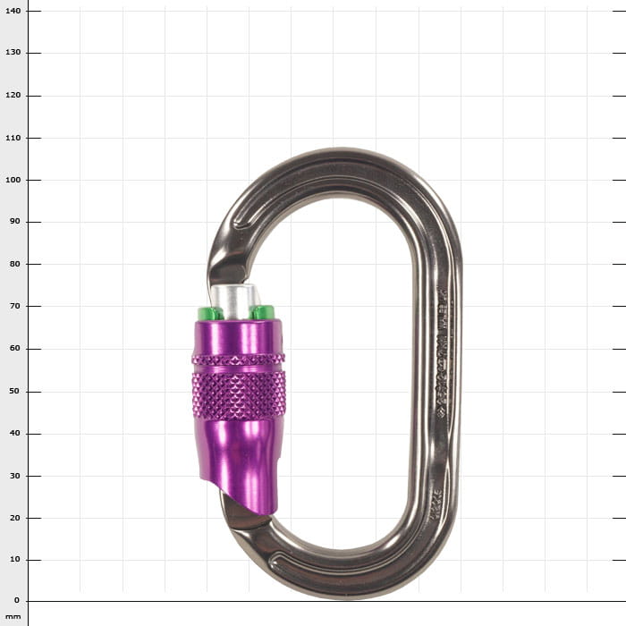 Ultra O Durolock carabiner with closed clasp, silver-coloured with purple screw cap, manufacturer not visible