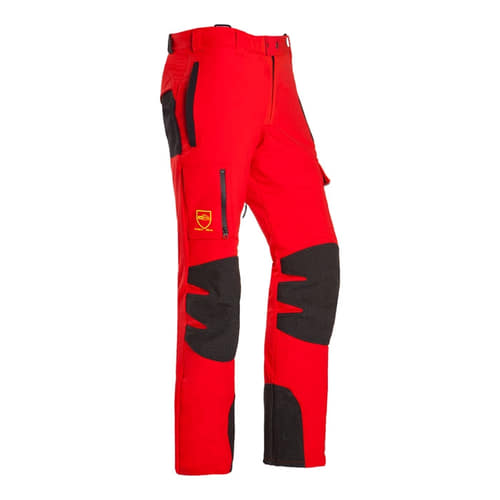 Arborist Progress red work trousers with black knee and leg reinforcements, visible logo on the side, from a different perspective