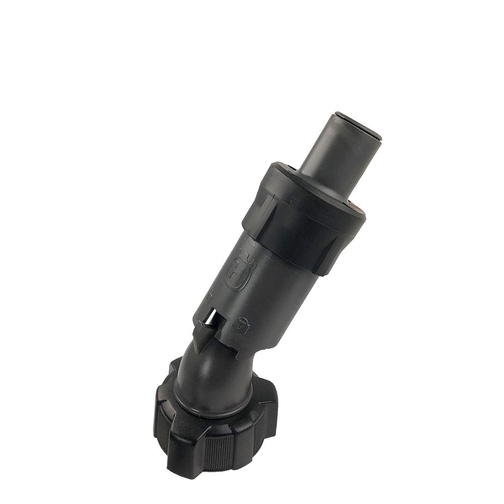 Black fuel nozzle 15 l + 25 l with ribbed screw cap and Husqvarna logo made of plastic, photographed at a slight angle