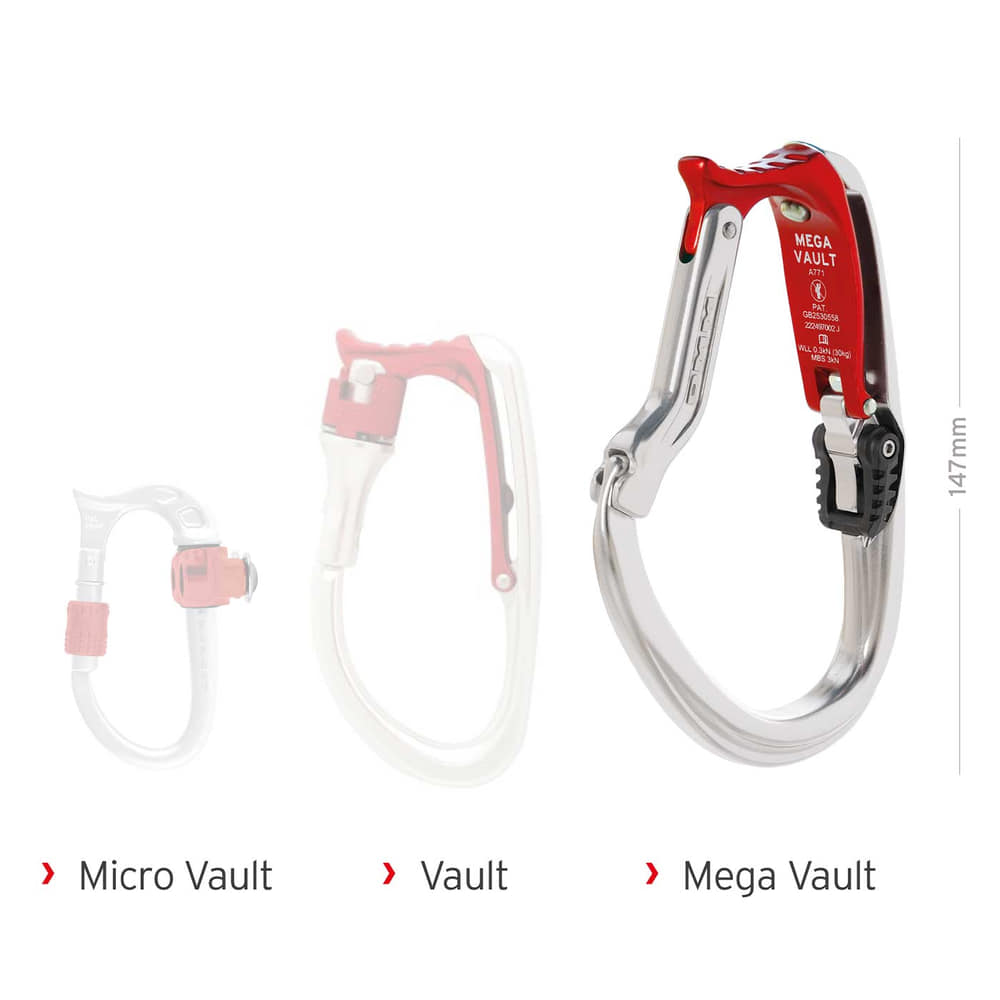 Comparison picture with three carabiners, on the left Micro Vault, in the middle Vault, on the right Mega Vault in silver and red with product name and size indication 147 mm