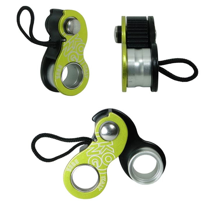 Duck, KONG, belay device in green and black from three different perspectives with rope loop