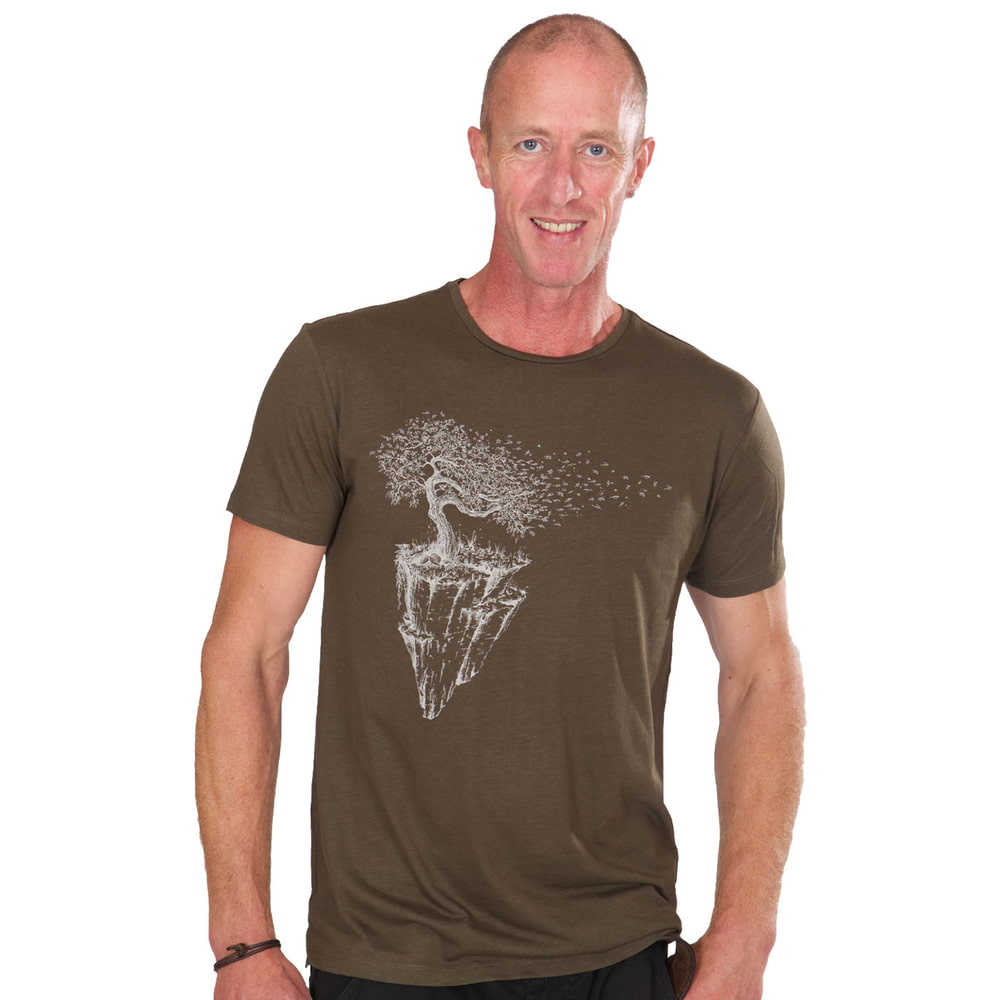 Iceland T-shirt in olive green worn by a man with short hair