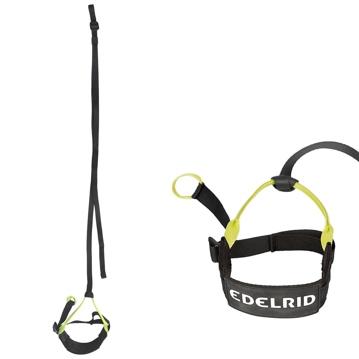 Prostep II by Edelrid, a black and yellow via ferrata set with harness and loops, shown hanging