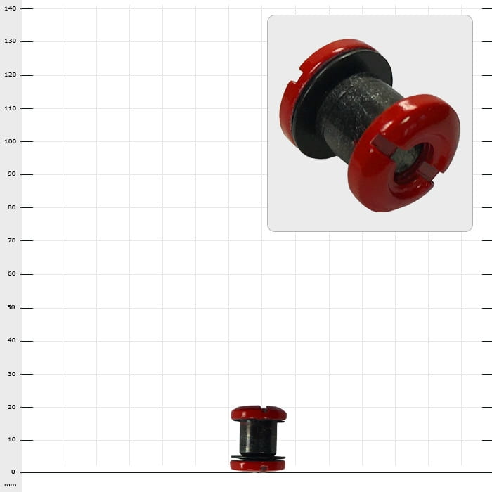Gomtaro Zübat screw set with a small black screw that has red, round heads with slot at both ends, on a white background with grid lines and an enlarged detail view of the screw at the top right