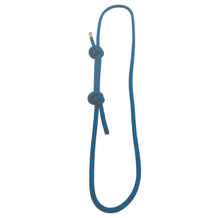 Prusik sling in blue with black patterns, with two knots, on white background