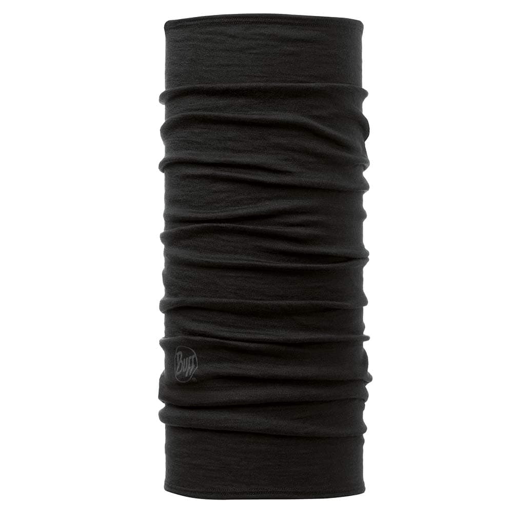 Black Merino Wool BUFF tube scarf with easily visible BUFF logo on the edge