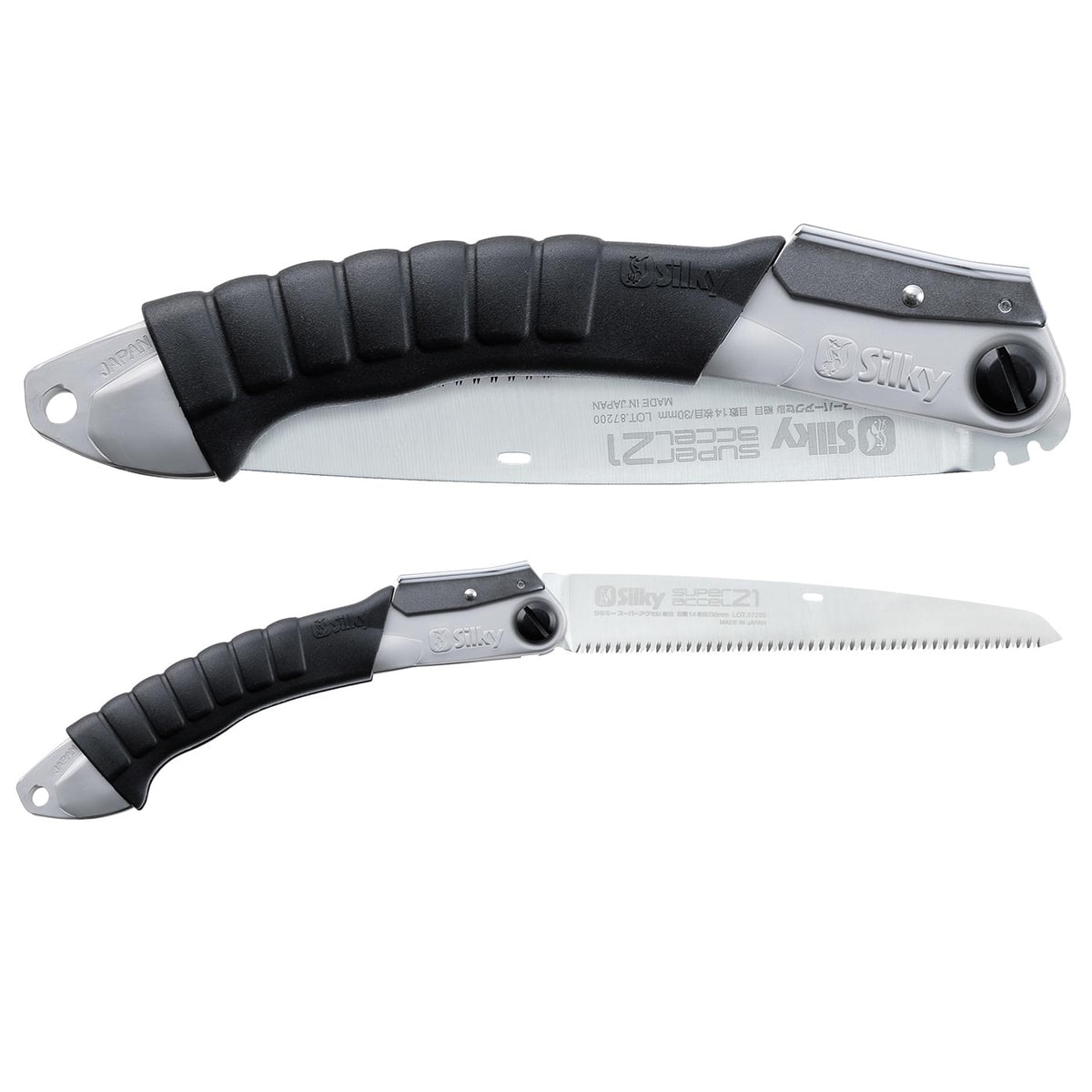 Silky Super Accel 210-14 folding saw with black handle and visible blade, manufacturer name Silky on handle and blade