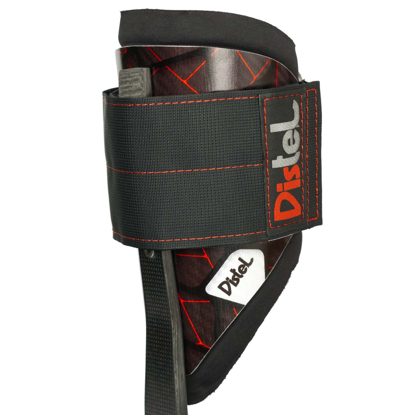 Distel Carbon 3.1 Velcro by Distel, single via ferrata spur with black Velcro and red stitching, side view