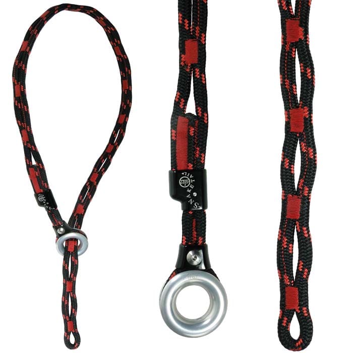 Black and red rope with metal ring and plastic element with the inscription SnakeTail, in three views side by side