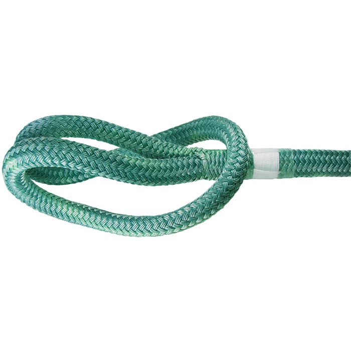 Splice, green braided rope with a loop and white marker tape at the end