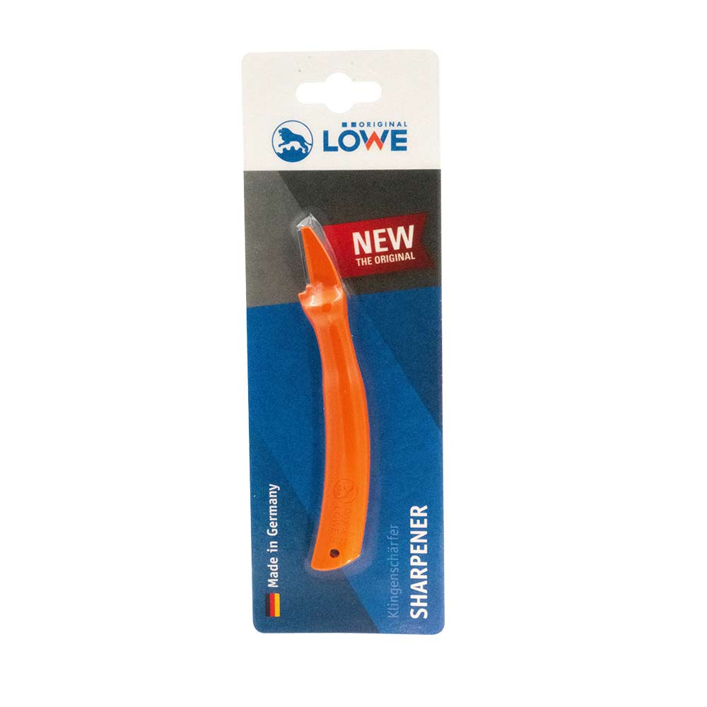 Blade sharpener Original LÖWE in orange, packed on a blue and white card with the lettering "NEW THE ORIGINAL" and "Made in Germany"