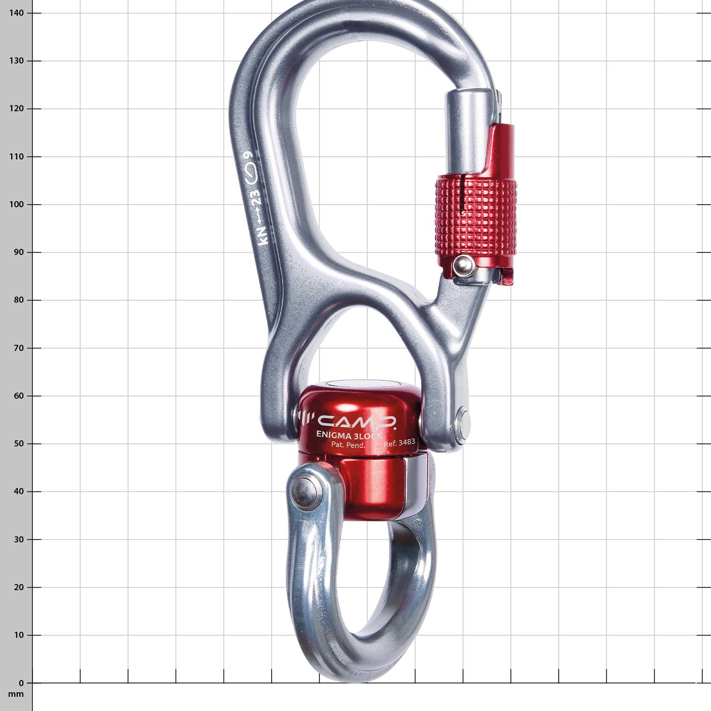 Enigma 3Lock by CAMP, silver and red carabiner with screw cap and rotating link, against a white background with millimeter grid