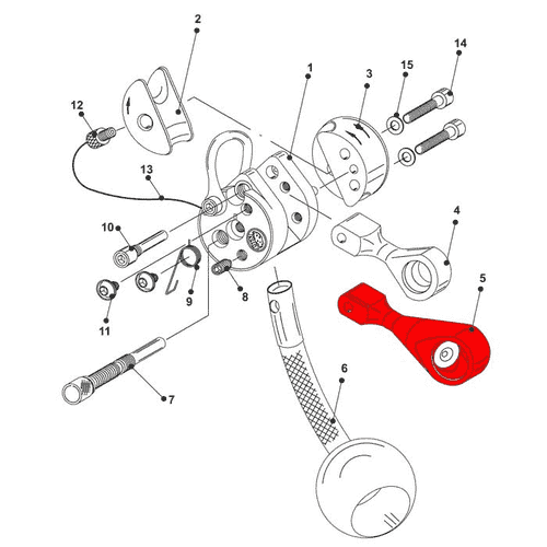 Technical drawing with several numbered parts, including the red part LockJack swivel, shown as part of an assembly with screws and other components