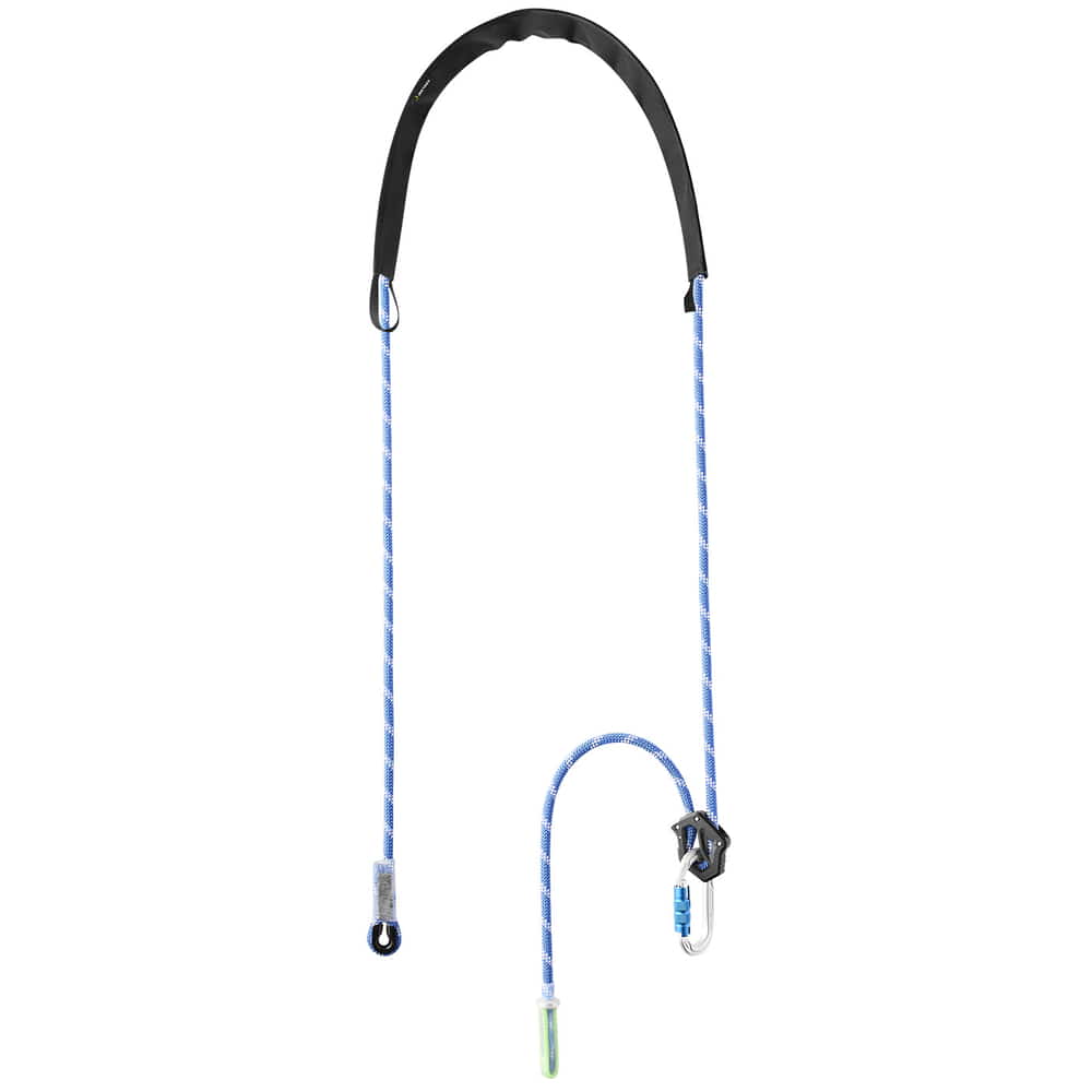 Switch Pro Adjust, blue and white rope with black padding at the top, snap hook and green protection at the bottom